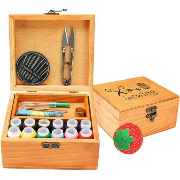 Wooden Sewing Basket with Accessories  for Beginner, Women, Men - Picture 1 of 6